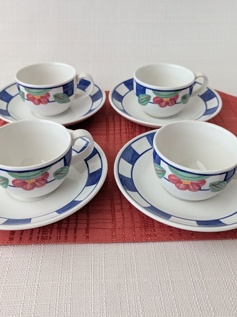 Vintage Johnson Brothers Hopscotch Blue 4 Coffee Cups & Matching Saucers